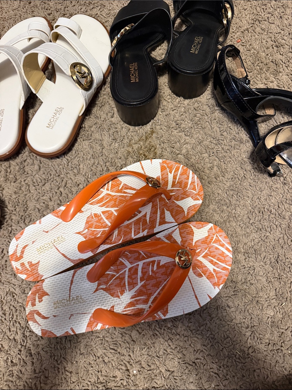 Michael Kors Orange White Leaf-Print Flip Flops